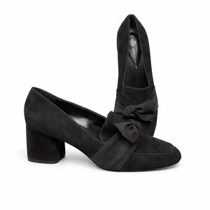ANTONIO MELANI Woman’s Black Suede Sateen Bow Slip-on Chunky Block Loafer Heels